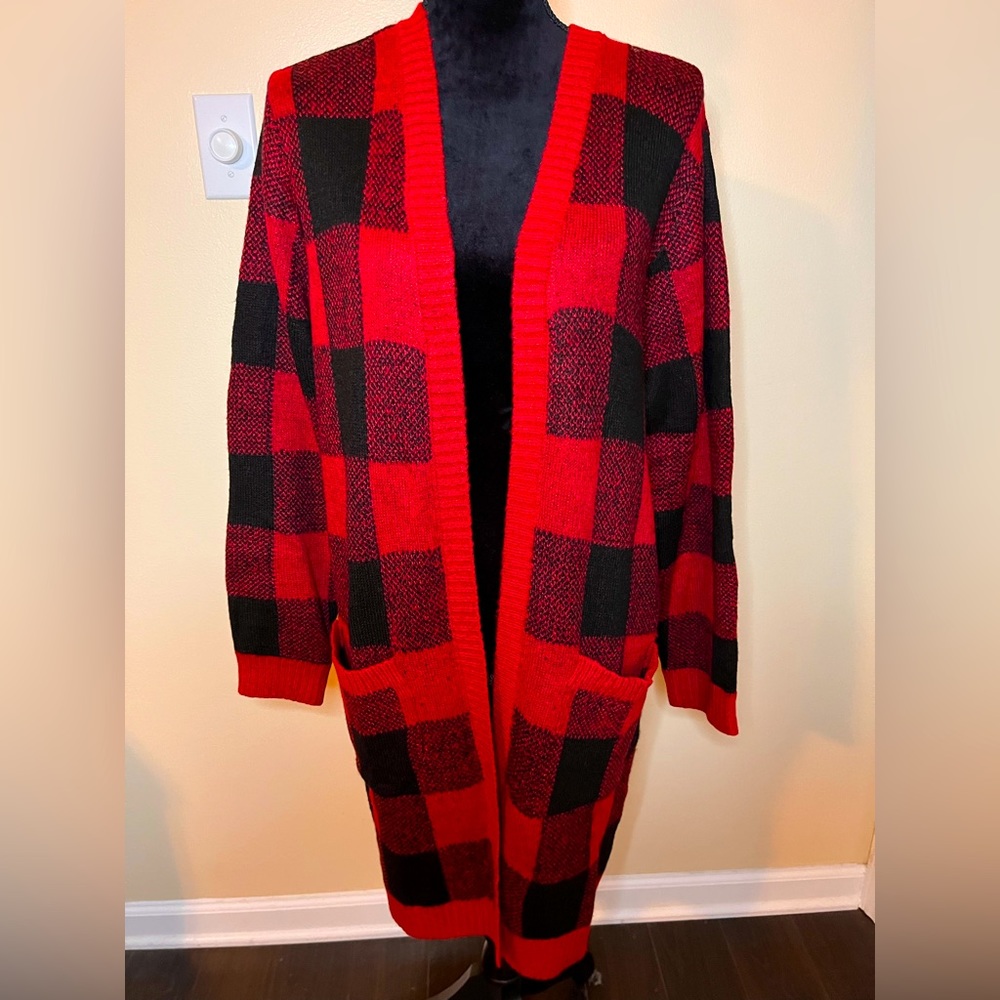 A-013 Maurice’s Buffalo print open cardigan, red & black XL